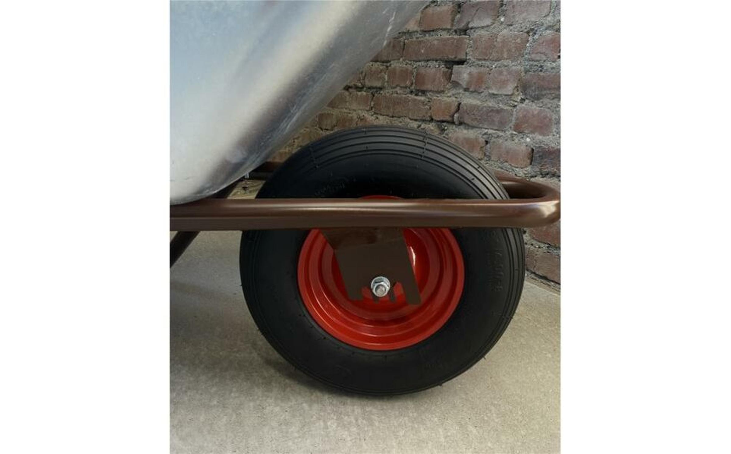 Schake - Schubkarre Typ Polier, lackiertes Gestell, Tiefmulde 90 Ltr. mit Drahteinlage, mit Muldenstütze und Luftrad